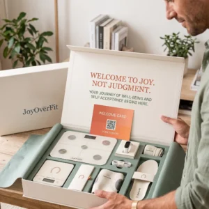 Man opening the JoyOverFit wellness box containing a smart scale, digital food scale, fitness tracker, support wraps, and comfort insoles.